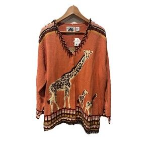 Storybook Knits Cardigan Womens Size 3X Orange Giraffe Beaded Fringe Deadstock